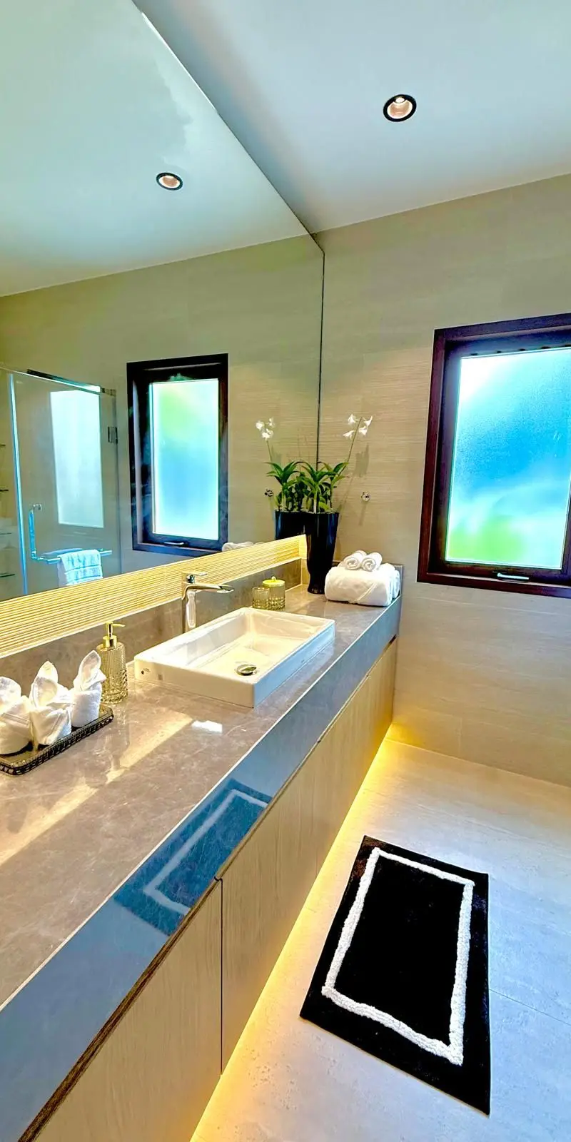 Master bathroom with double vanity, large mirror and walk-in glass shower