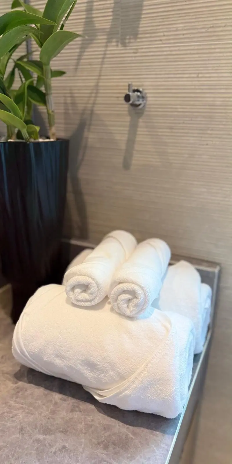 Spa-style towel display with potted greenery