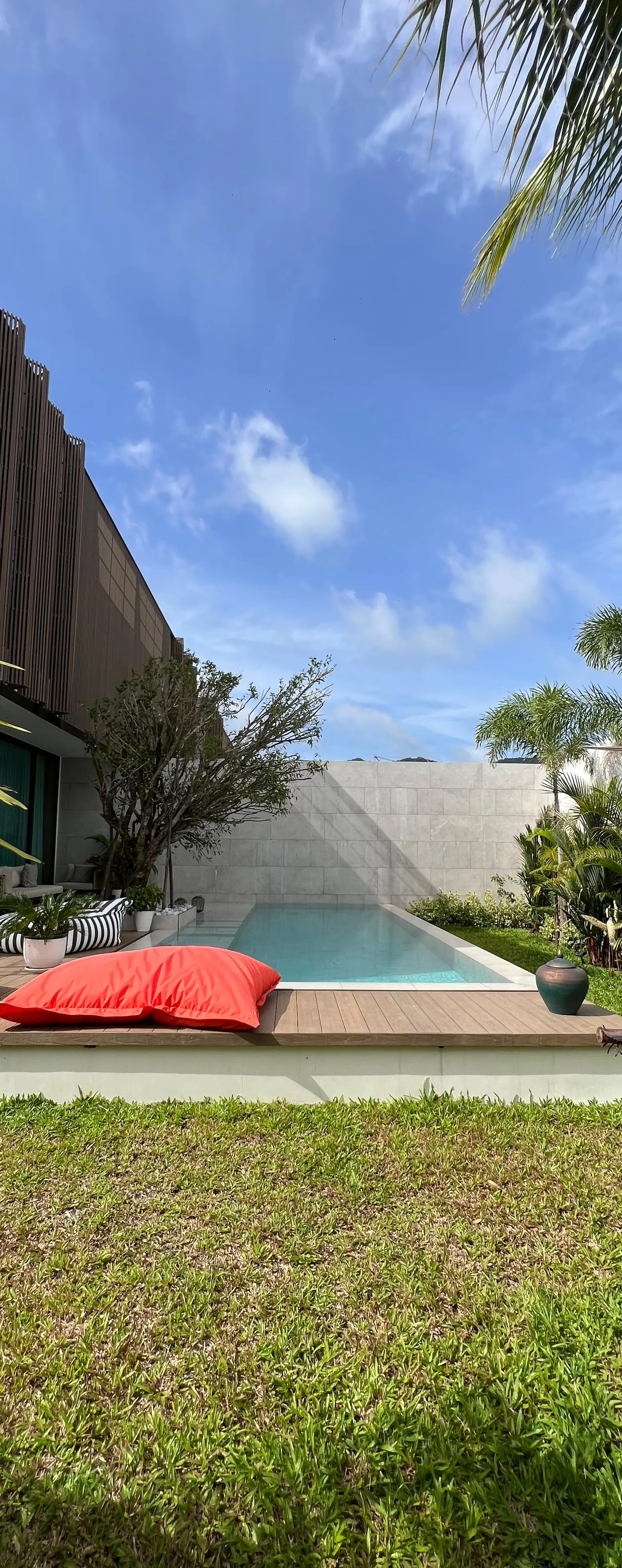 Villa side elevation with wood-slat accent wall and pool