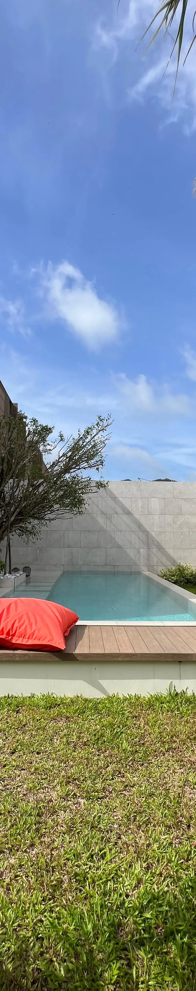 Villa side elevation with wood-slat accent wall and pool