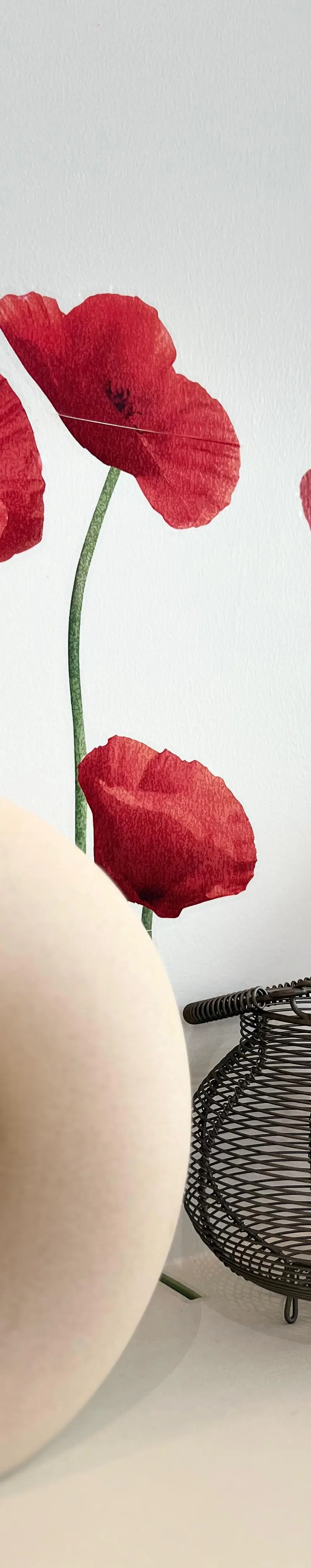 Wall styling — hand-painted poppy decals with sculptural matte vases